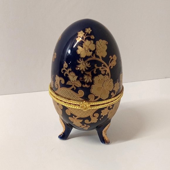 Cobalt Blue Gold Painted Egg Trinket Box Hinged Footed - Picture 2 of 10